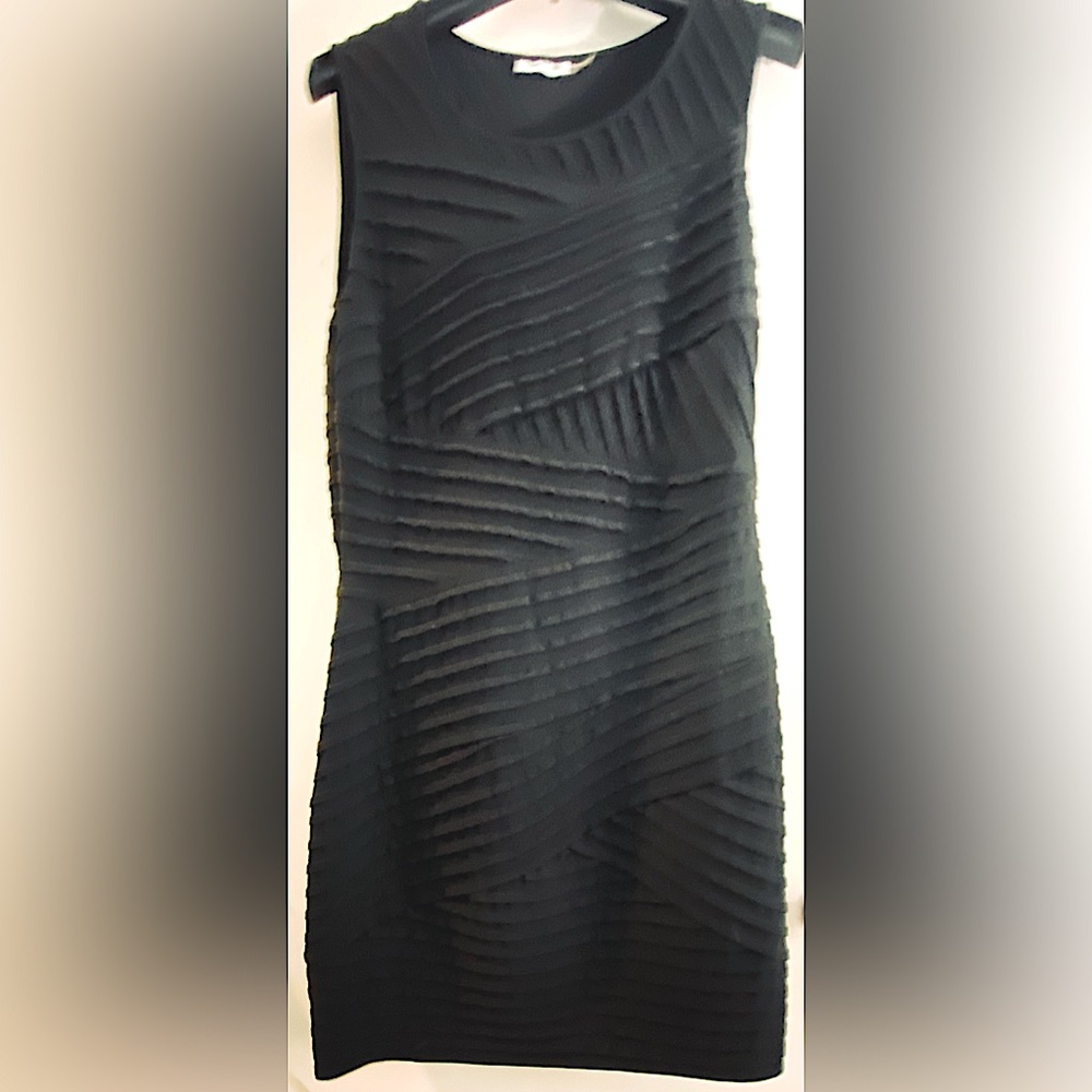 Black fitted shift dress.